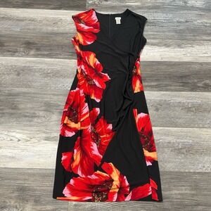 Vintage Cache Black Womens 6 V-neck Casual Red Floral Design Midi‎ Fitted Dress